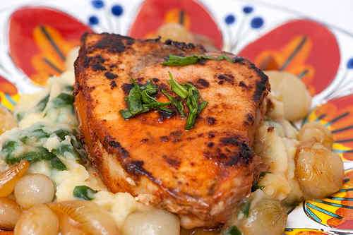 Photo of Blackened Swordfish on Truffle-Flavored Mashed Potatoes with Spinach